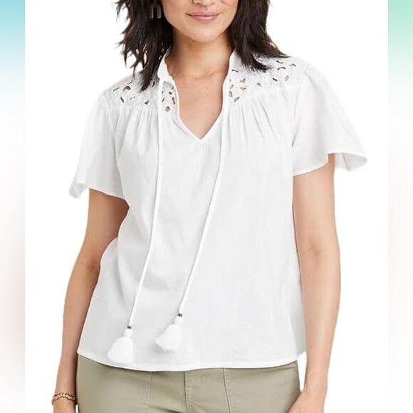 Knox Rose White Short Sleeve V-Neck Woven Eyelet Top Blouse Size L - Picture 1 of 8